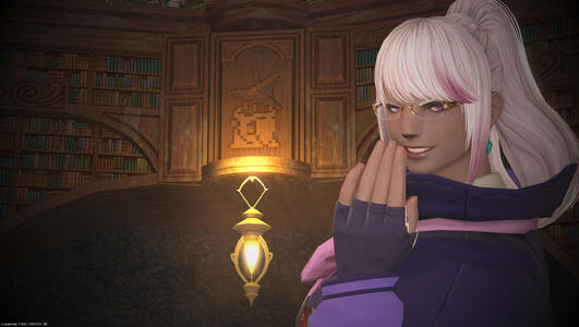 Temple in a cheeky pose in Matoya's Relict. Behind her, carved into a bookshelf, is a classic 8-bit Black Mage.