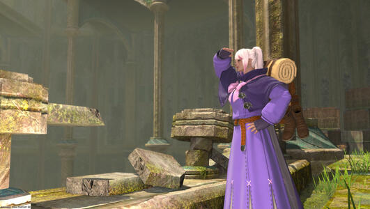 Temple, wearing a gleaner's backpack and the Historia Robe of Casting in purple, surveys a portion of Matoya's Relict.