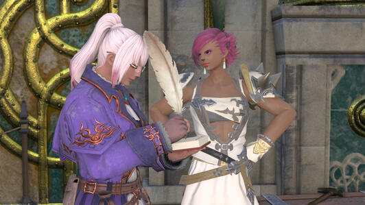 Temple, now in her Neo Kingdom healing outfit, interviews Midnight Dew, a Hellsguard NPC found in Idyllshire. Temple is writing with a quill and notepad.