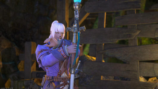 Temple readies her cane for battle further in the Deepcroft. There is a rotten wooden gate behind her.