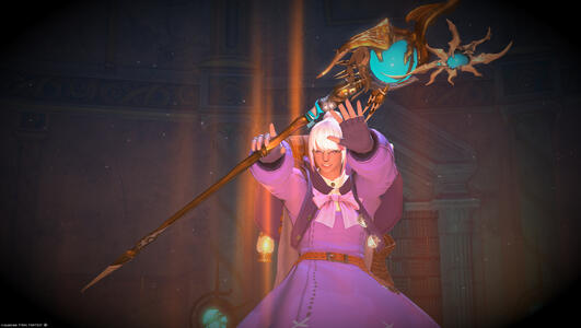 Temple prepares to cast a powerful spell in one of the large arena rooms of the Great Gubal Library.