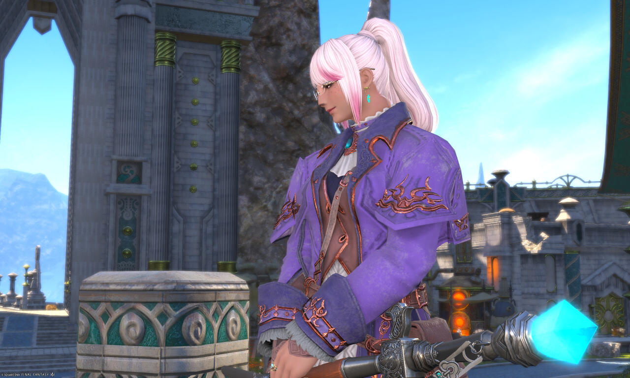 Hidden Temple is a Hellsguard Roegadyn with pink hair in a ponytail. She's wearing the Neo Kingdom Coat of Healing in purple, and carrying the Neo Kingdom Cane. She stands with her hands folded in front of her in the courtyard of Idyllshire.