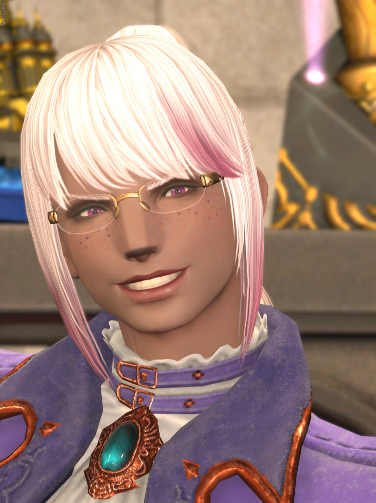 A close-up of Temple smiling at the camera. She's got elegant rimless brass spectacles on, and is still in the Neo Kingdom Coat of Healing.