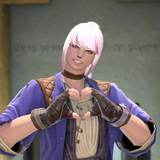 Temple making heart hands at the viewer. In this, she is wearing the Gleaner's Coat in abyssal blue, and the Isle Explorer's Leather Halfgloves.